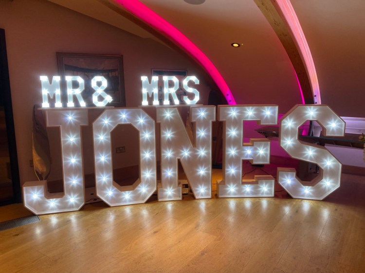 Light Up Letters Spelling Mr and Mrs Jones